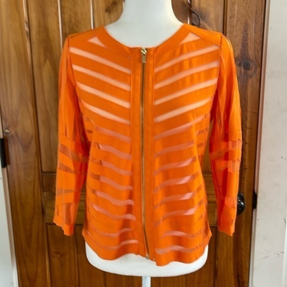 Peter Nygard Orange Mesh knit Cutout Zip Up 3/4 Sleeve Jacket Blazer Small